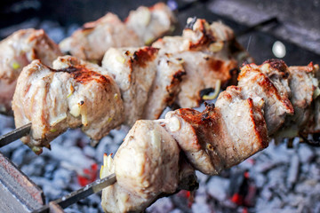 Grilled delicious pork kebab, shashlik or kebab, skewer, on the grill closeup