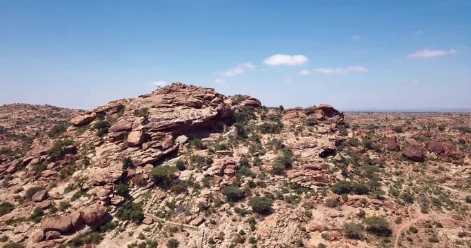 4K Footage Aerial View to the Laas Geel, cave formations on the rural outskirts of Hargeisa, Somaliland