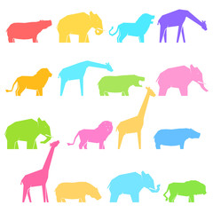 Set of 16 multi-colored african animals in different poses, lions and hippos, elephants and giraffes, vector illustration