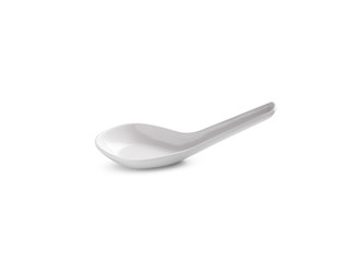 white plastic soup spoon on white background