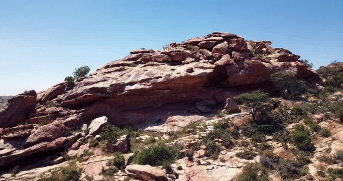 4K Footage Aerial View to the Laas Geel, cave formations on the rural outskirts of Hargeisa, Somaliland