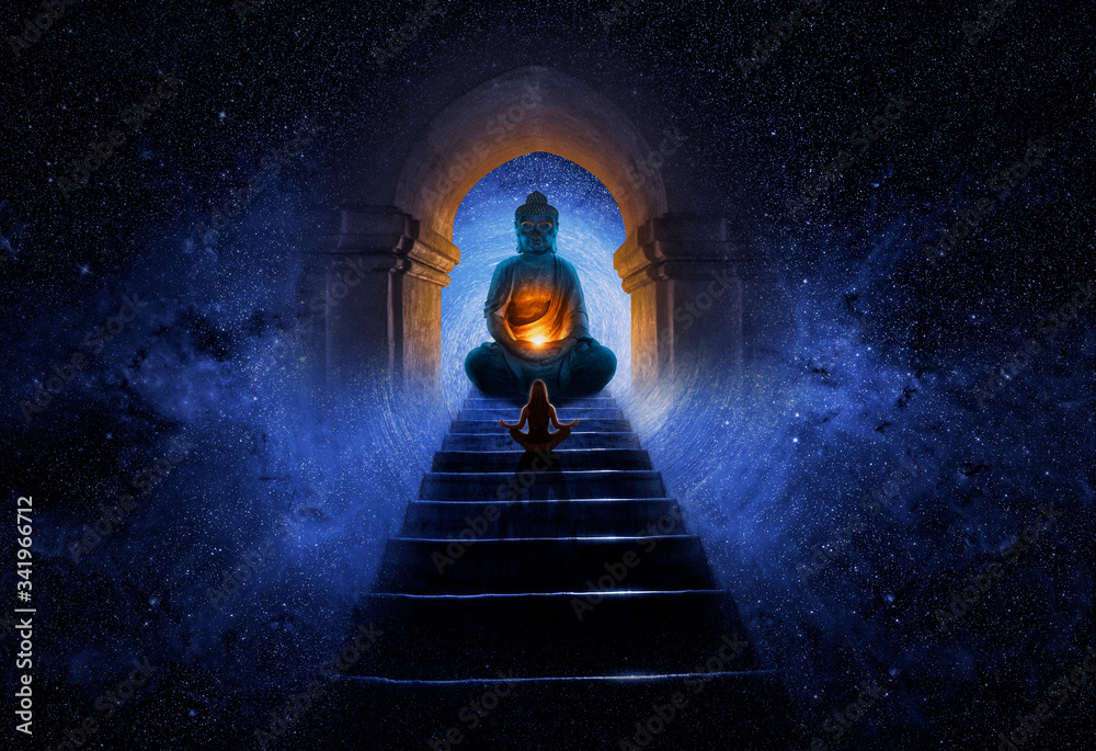 Wall mural woman in yoga pose praying to buddha