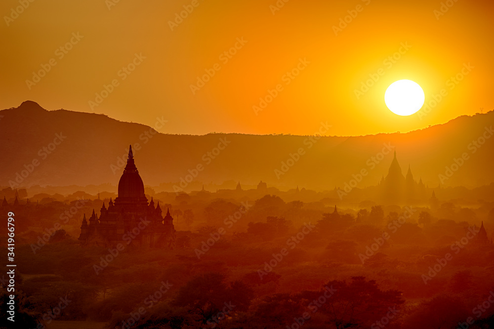 Wall mural sunset over bagan in myanmar