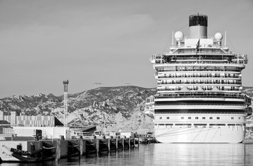Stern or rear of gigantic huge modern cruiseship or cruise ship liner in port of Marseille Provence...