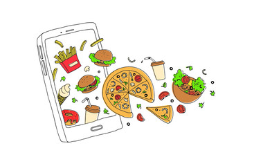vector illustration for food delivery application. mobile phone with flying pizza, french fries, drink, salad, ice cream, burger on white background. Doodle line style. delivery food services