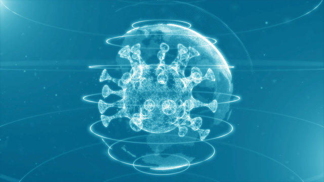 Global epidemic health care media and information network. 3d render of glowing virus model floating over digital background.