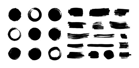 Vector black paint brush strokes set isolated on white background, japanese enso circles, different ink blots, dry painting.