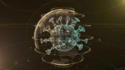 Global epidemic health care media and information network. 3d render of glowing virus model floating over digital background.