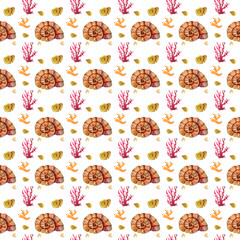 Seamless pattern. Hand paint watercolor seashells and corals on white background.