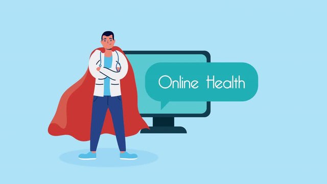 doctor with hero cloak in desktop telemedicine