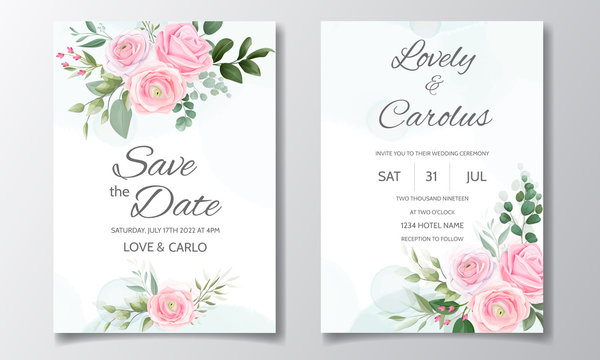 Elegant Wedding Invitation Card Template Set With Beautiful Pink Roses And Green Leaves