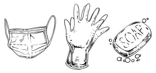 Set of things to prevent coronavirus covid-19, hand drawn vector
