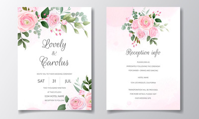 Fototapeta na wymiar Elegant wedding invitation card template set with beautiful pink roses and green leaves