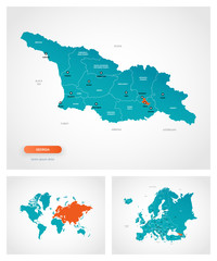 Fototapeta premium Editable template of map of Georgia with marks. Georgia on world map and on Europe map.