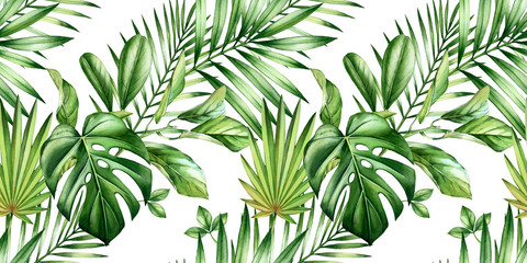 Obraz na płótnie Canvas Watercolor tropical seamless pattern. Diagonal stripes in repeat. Exotic palm leaves, monstera, coconut isolated on white. Botanical hand drawn background for surface, textile, wallpaper design