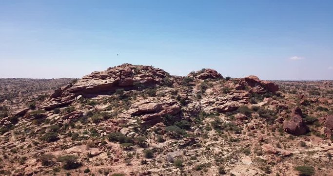 4K Footage Aerial View to the Laas Geel, cave formations on the rural outskirts of Hargeisa, Somaliland