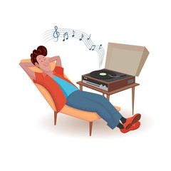 Cheerful man is listening to music. Vector isolated illustration with texture in cartoon style.