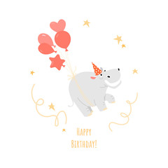 A birthday greeting card with a funny hippo flying with balloons