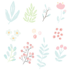 cute hand draw style pastel pink and blue spring tiny little flower and leaf collection