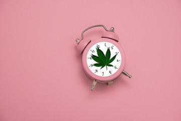pink alarm clock with a leaf of cannabis on a pastel  pink background, minimal art poster on the topic of marijuana legalization concept