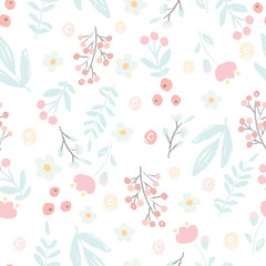 cute hand draw style pastel pink and blue spring tiny little flower and leaf seamless pattern