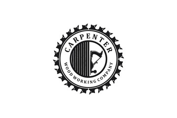 Carpenter circular saw shape with wood plane tool logo design vintage badge style. - obrazy, fototapety, plakaty