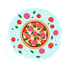 Tasty pizza with sausage, tomato, mushroom, cheese, olive, basil top view with ingridients around on paint splash background. Vector illustration for web, advert, menu, design, app