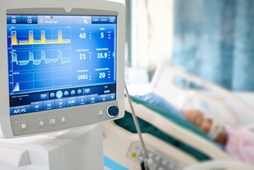 Ventilator monitor ,given oxygen by intubation tube to patient, setting in ICU/Emergency room