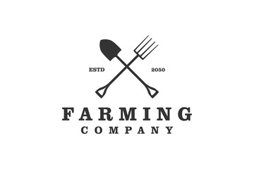 Farming logo fork and shovel silhouette icon, simple minimalis design.