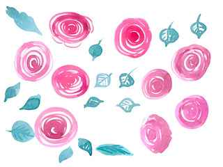 Abstract watercolor aquarelle hand drawn blot colorful red  green purple paint splatter stain spot. leaves and roses