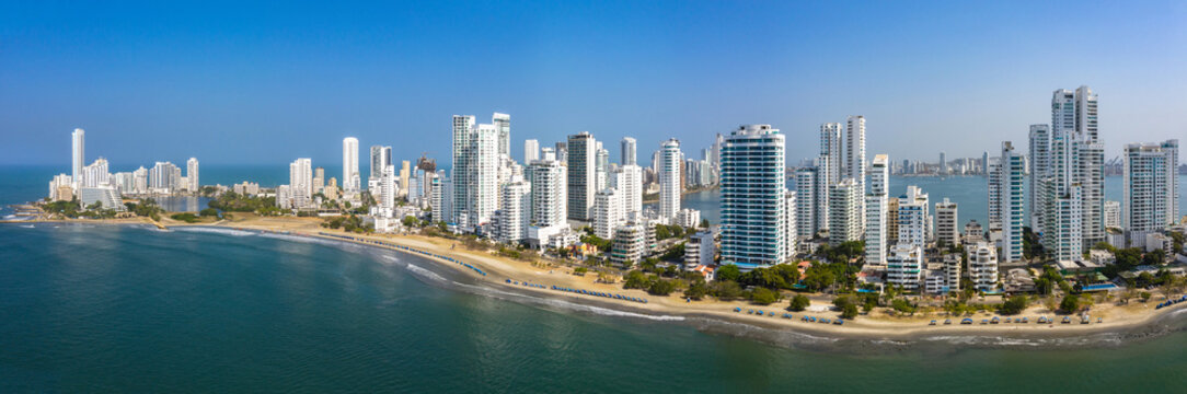 Aerial View of the modern Skyline of Cartagena de Indias in Colombia on the Caribbean coast of South America. Bocagrande district panorama.