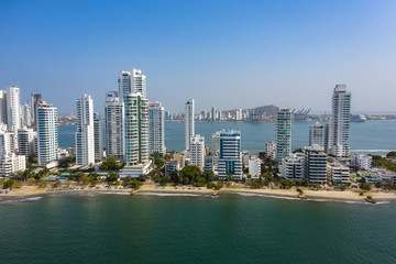 Fototapeta na wymiar Aerial view of the port from the prestigious Castillogrande district in Cartagena, Colombia.