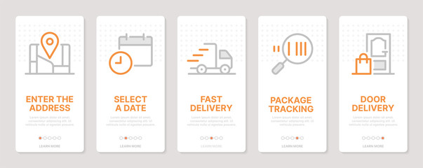 Delivery related vertical cards. Mobile app onboarding screens. Templates for a website. Icons with editable stroke