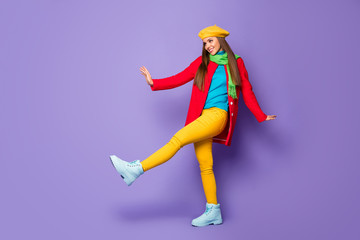 Full length body size view of her she nice attractive lovely pretty cheerful cheery straight-haired girl wearing vivid look having fun walking isolated on lilac purple violet pastel color background