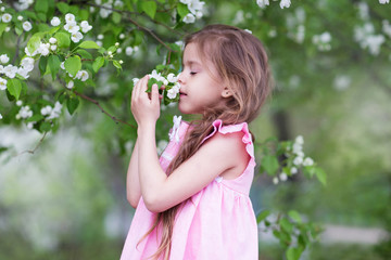 A girl in a pink dress sniffs a branch of an Apple tree with flowers