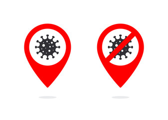 Pandemic locations. Virus icon. Bacteria icon. Coronavirus bacteria cell icon. Dangerous cell. Viral infection. Viral disease. Prohibition Sign. Location pin. Location icon. Pin