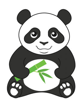 Little panda with a branch of bamboo. Isolated on white background. Vector illustration.