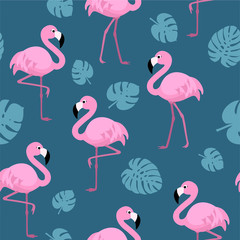 Pattern with flamingos and tropical leaves. Vector seamless texture.