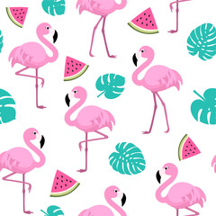 Naklejka premium Summer pattern with flamingos, watermelon and tropical leaves. Vector seamless texture.
