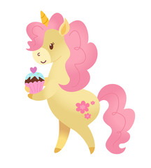 Unicorn with a cupcake. Vector illustration.