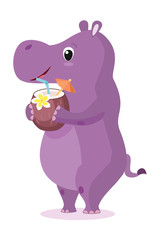 Hippo with a cocktail. Vector illustration isolated on the white background.