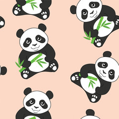 Pattern with pandas and bamboo. Vector seamless texture.