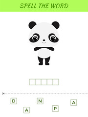 Spelling word scramble game template. Educational activity for preschool years kids and toddlers with cute panda. Flat vector stock illustration.