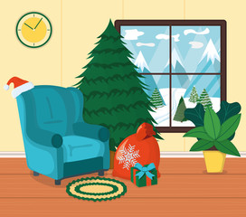 Armchair with carpet, place to sitting and relax cartoon vector illustration. Design interior. New year fir tree, christmas mood with box gift.