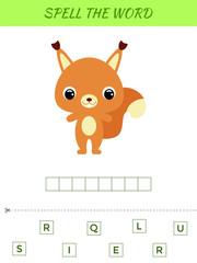 Spelling word scramble game template. Educational activity for preschool years kids and toddlers with cute squirrel. Flat vector stock illustration.