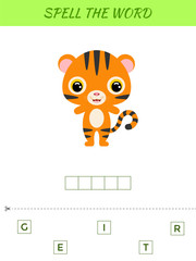 Spelling word scramble game template. Educational activity for preschool years kids and toddlers with cute tiger. Flat vector stock illustration.