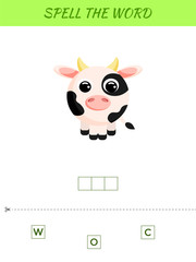 Spelling word scramble game template. Educational activity for preschool years kids and toddlers with cute cow. Flat vector stock illustration.