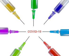 Seven syringes pointing to the Covid-19