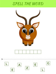 Spelling word scramble game template. Educational activity for preschool years kids and toddlers with cute gazelle. Flat vector stock illustration.