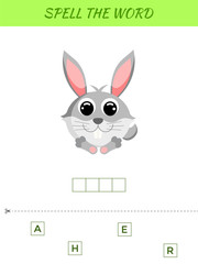 Spelling word scramble game template. Educational activity for preschool years kids and toddlers with cute hare. Flat vector stock illustration.